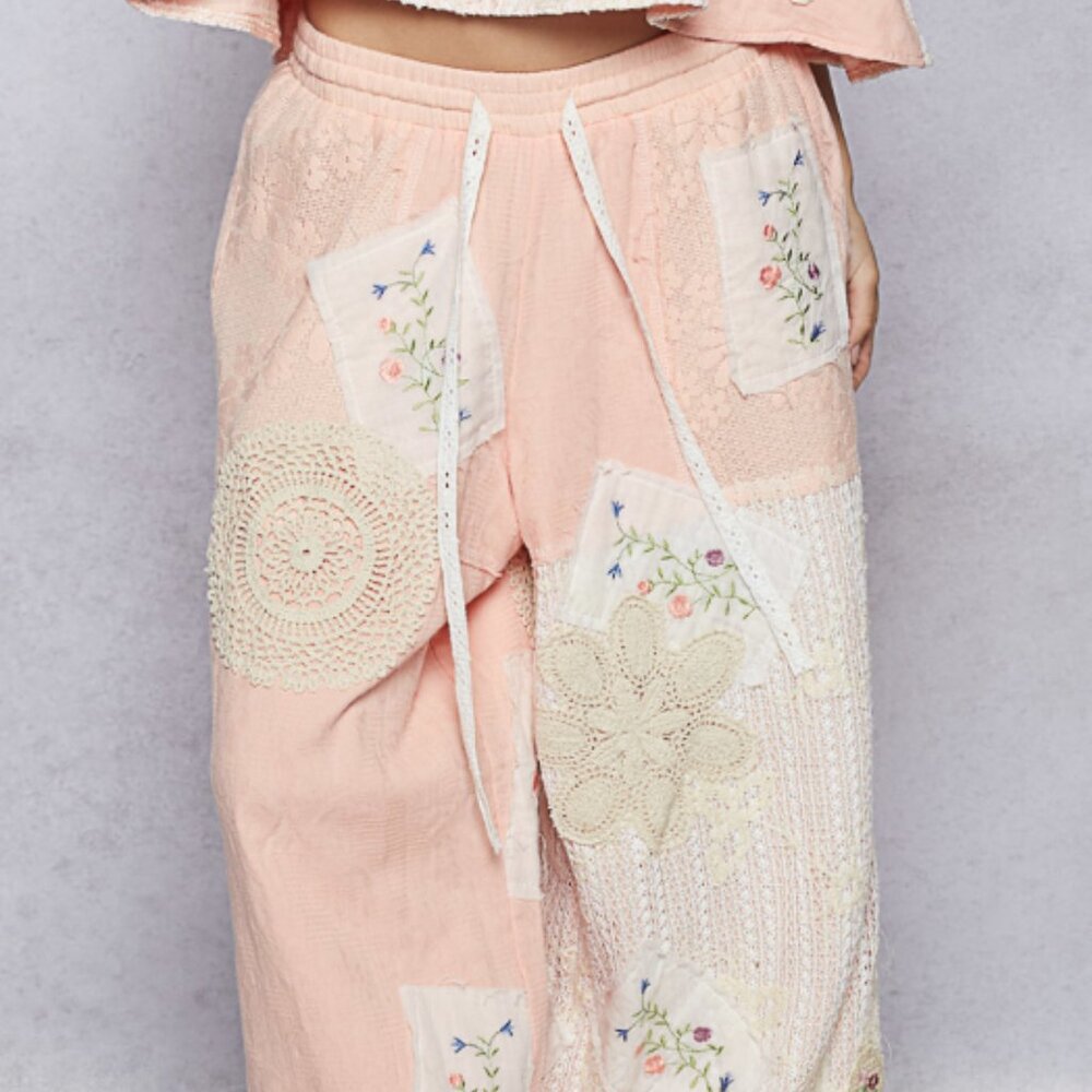 🌼#185 ❤️ 1 MED LEFT PINK-POL FLORAL& LACE PATCHWORK PANTS-Pink